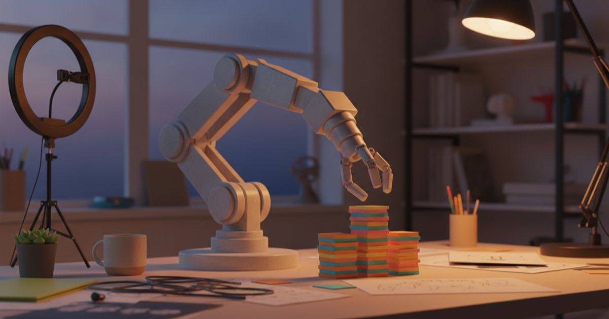 A mechanical robotic arm assisting in a real creative studio workspace