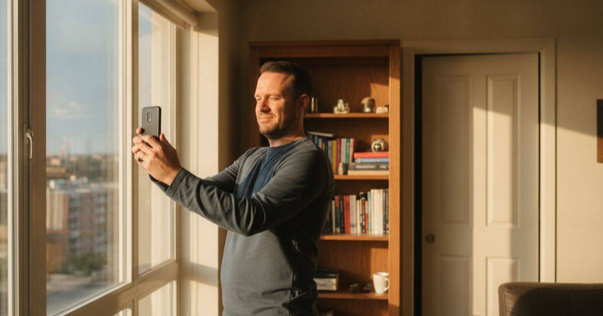 Woman taking portrait photos of herself on a phone near a bright window