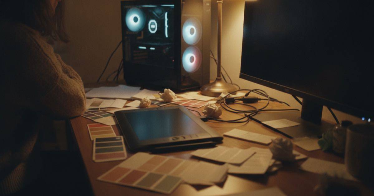A creator's desk with a desktop computer rig and color cards used to generate AI images