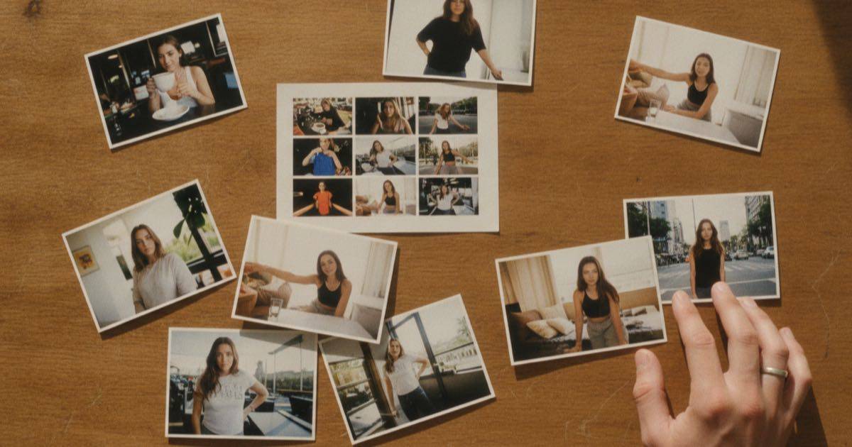 Printed photos of the same woman in different outfits and locations spread across a table to show visual consistency