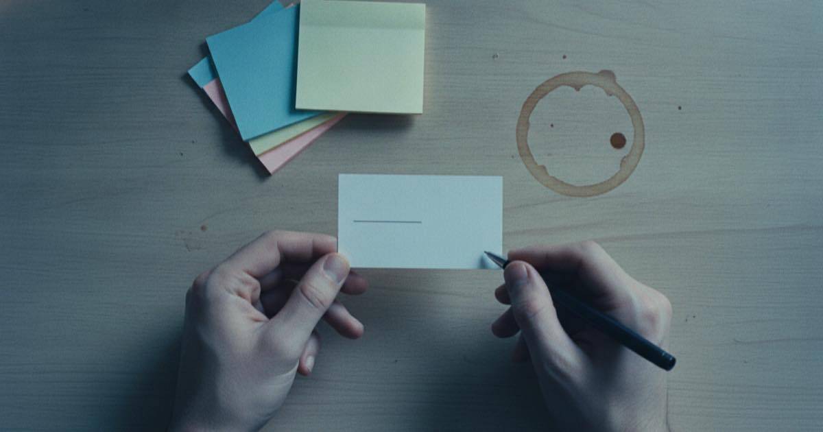 Overhead shot of a desk with a blank business card and a pen where a phone number would normally go