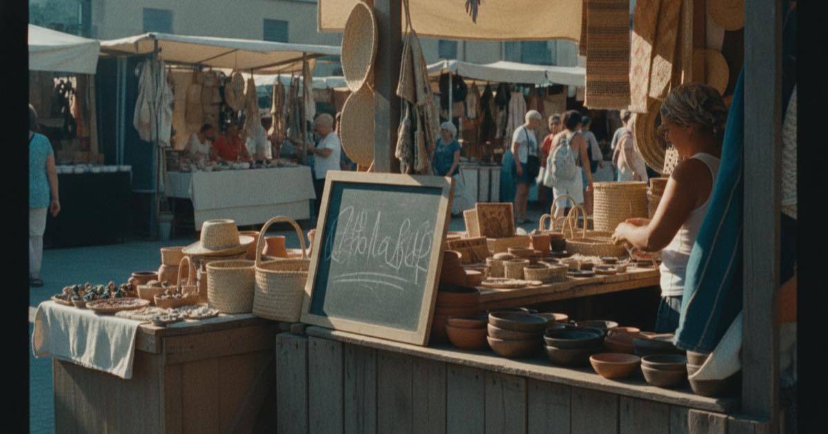 A small market stall with a handwritten chalkboard sign showing a contact handle
