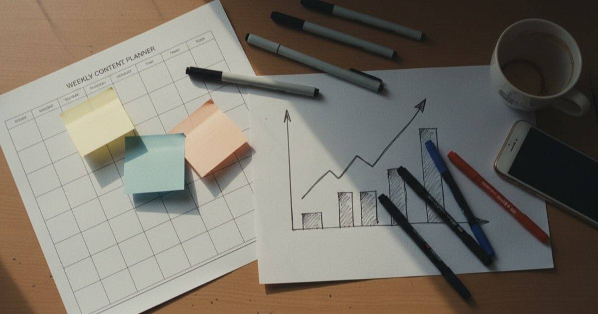 A content calendar and analytics chart laid out on a workspace