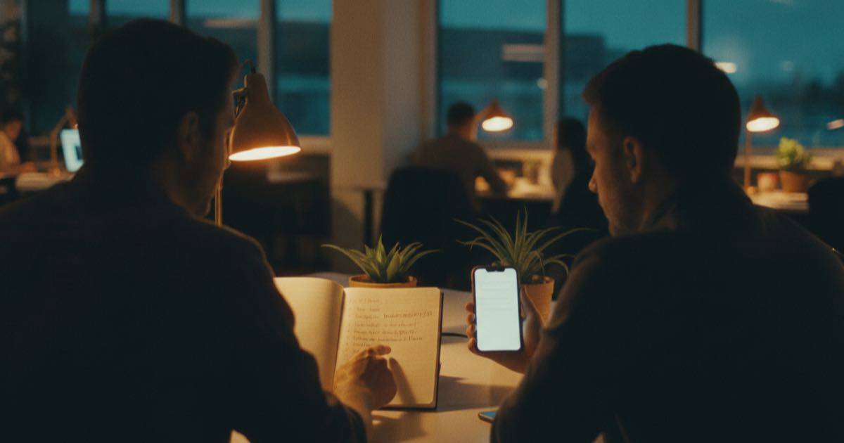 Two coworkers in a co-working space comparing notes about their profiles