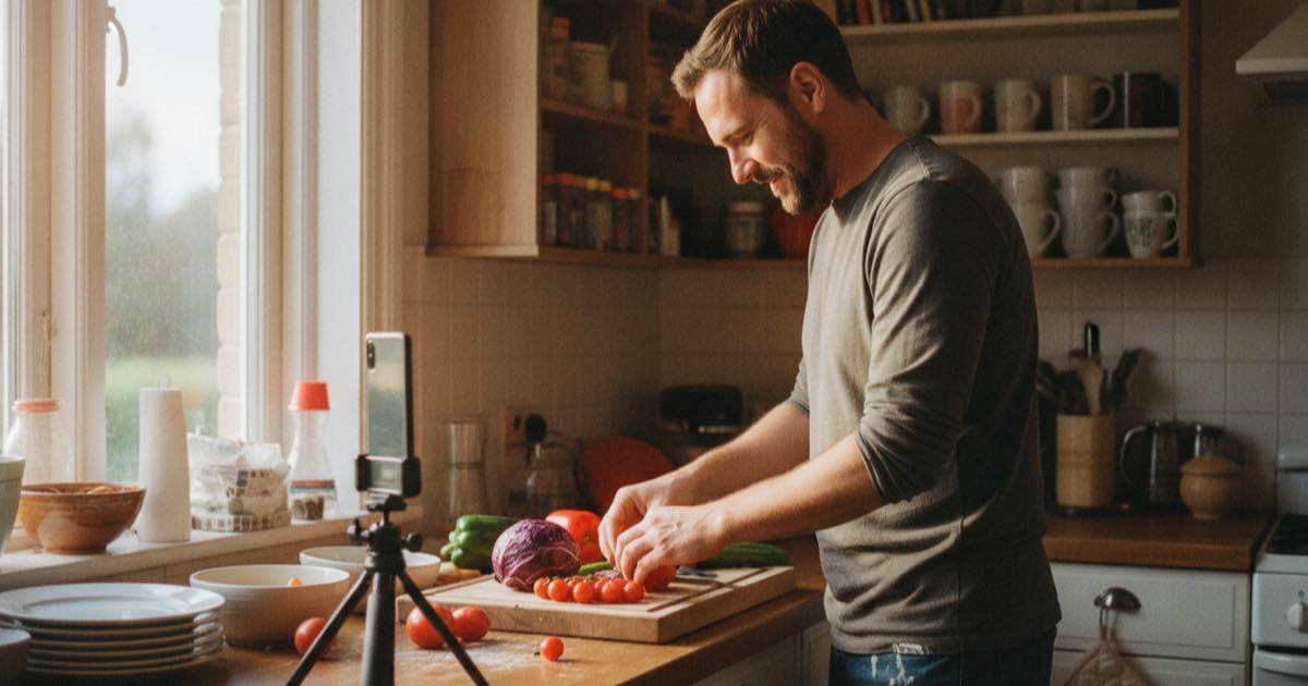 A person filming a short video at a kitchen counter