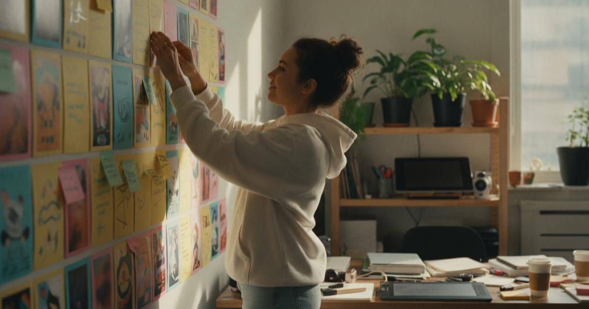 Content creator arranging colorful printed video thumbnails on a wall to plan posts
