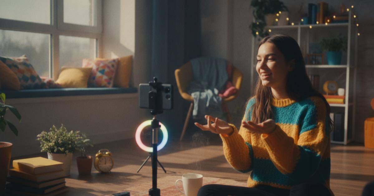 Influencer recording an early-morning reel by a sunny window mid-action