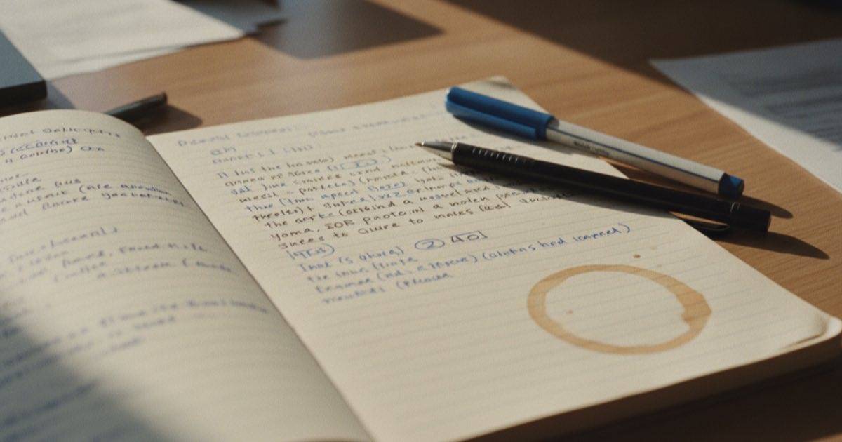 Warm photo of a notebook with several short handwritten questions