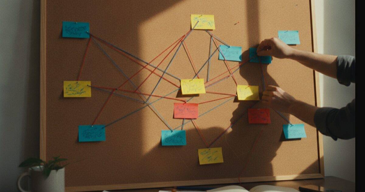 Hands arranging labeled index cards connected with colored string on a corkboard