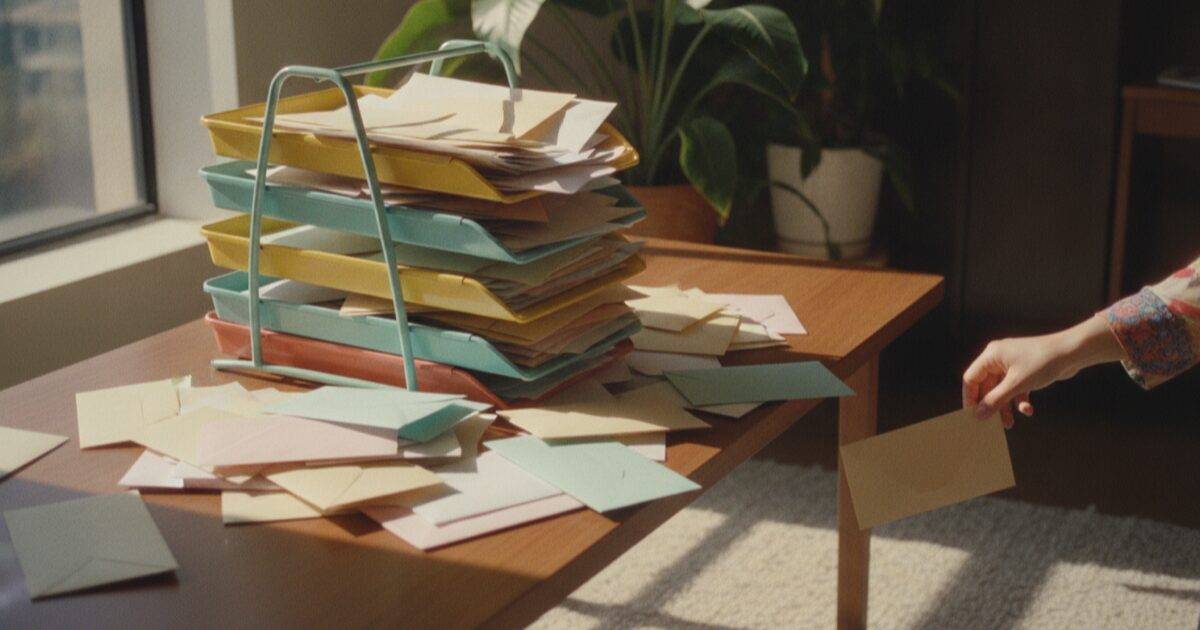 Stacked office paper trays overflowing with envelopes on a sunlit desk