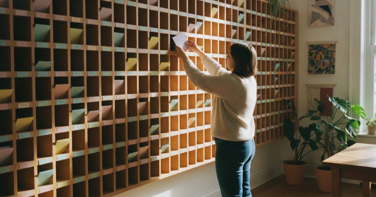 A wall of small labeled wooden pigeonhole mailboxes with a person sorting envelopes