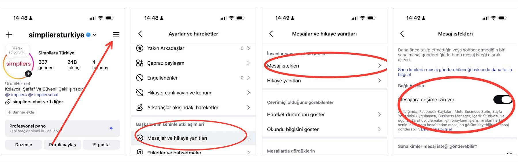 Instagram uygulamasında mesaj istekleri ve bağlı araçlar erişim ayarına giden adımlar
