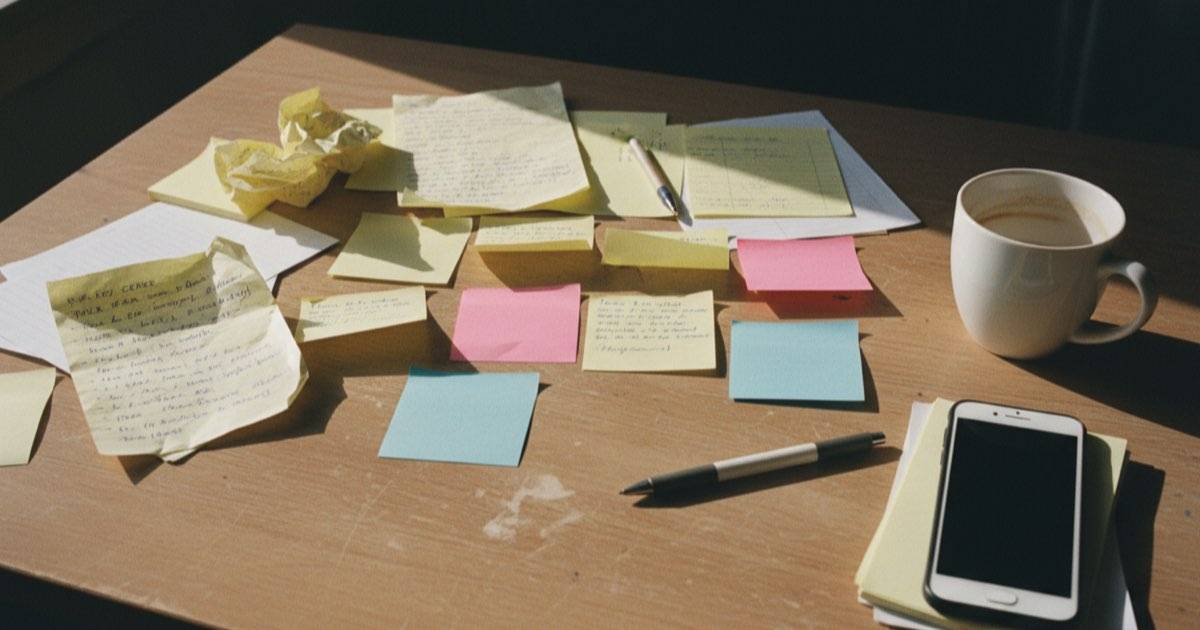 A desk full of tidy notes, a metaphor for planning messages