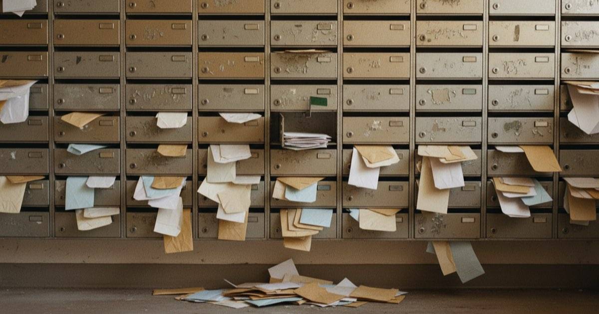 Envelopes overflowing from mailboxes, a metaphor for a message backlog