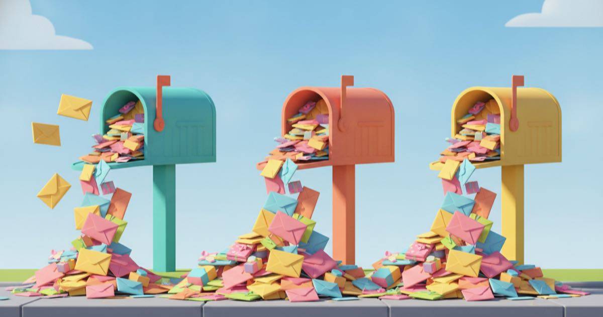 Colorful envelopes piling up to represent a backlog of messages