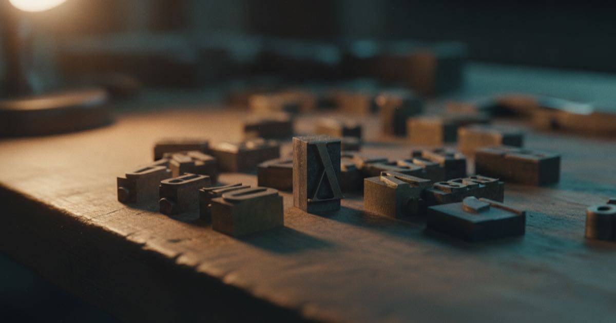 Vintage metal letterpress type blocks scattered on a workbench