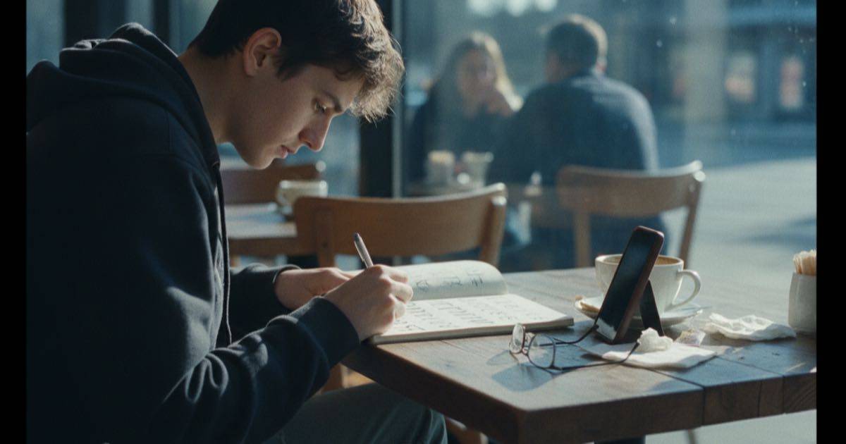 Person writing letter styles in a notebook beside a phone at a sunny window