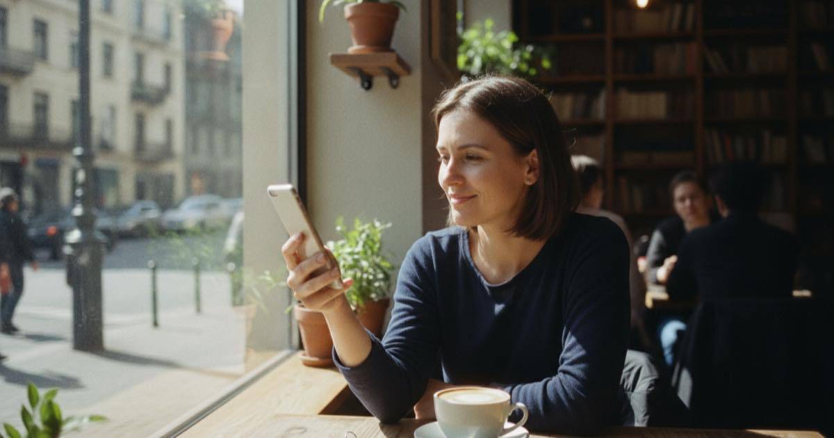 Woman glancing at her phone at a sunny cafe window table