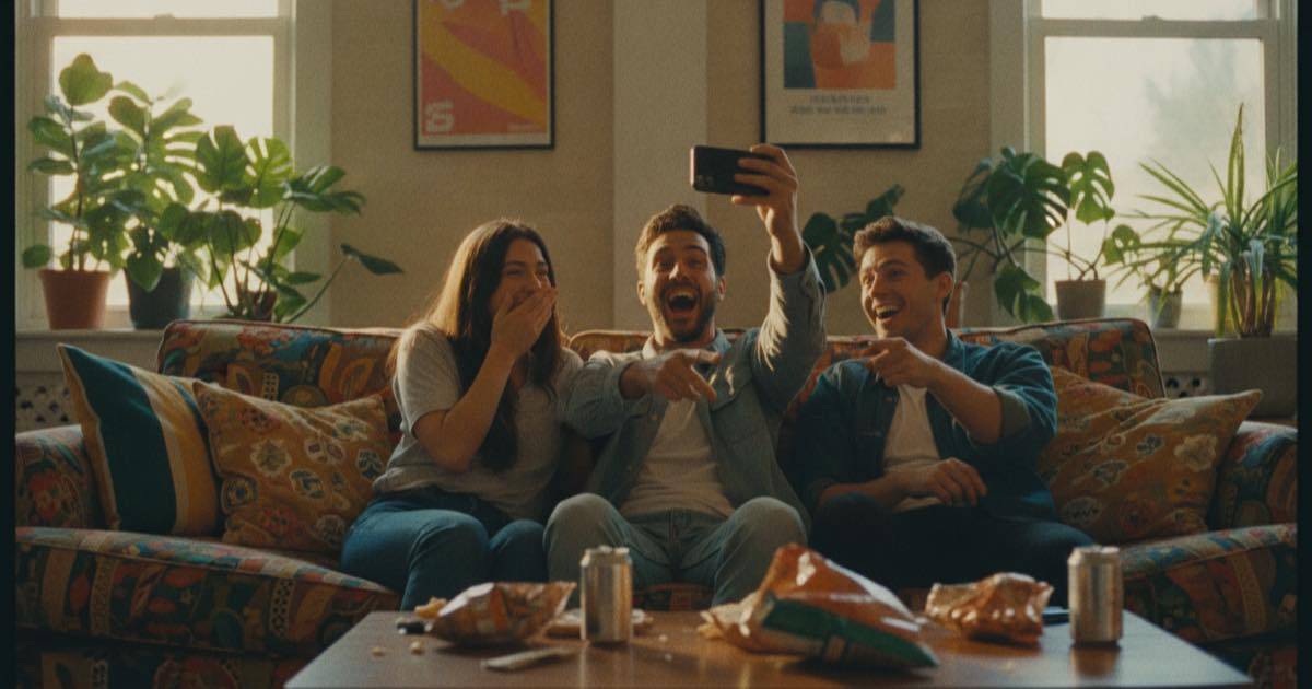 Friends laughing on a couch as one holds up a phone to show a video
