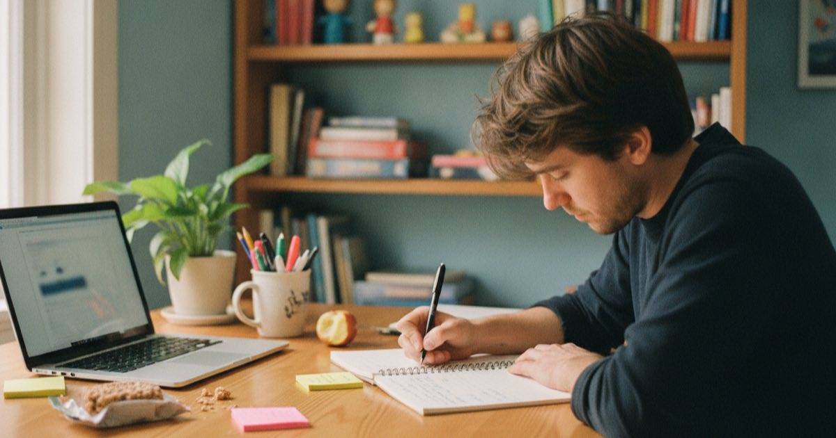 A creator reviewing video performance notes at a bright desk