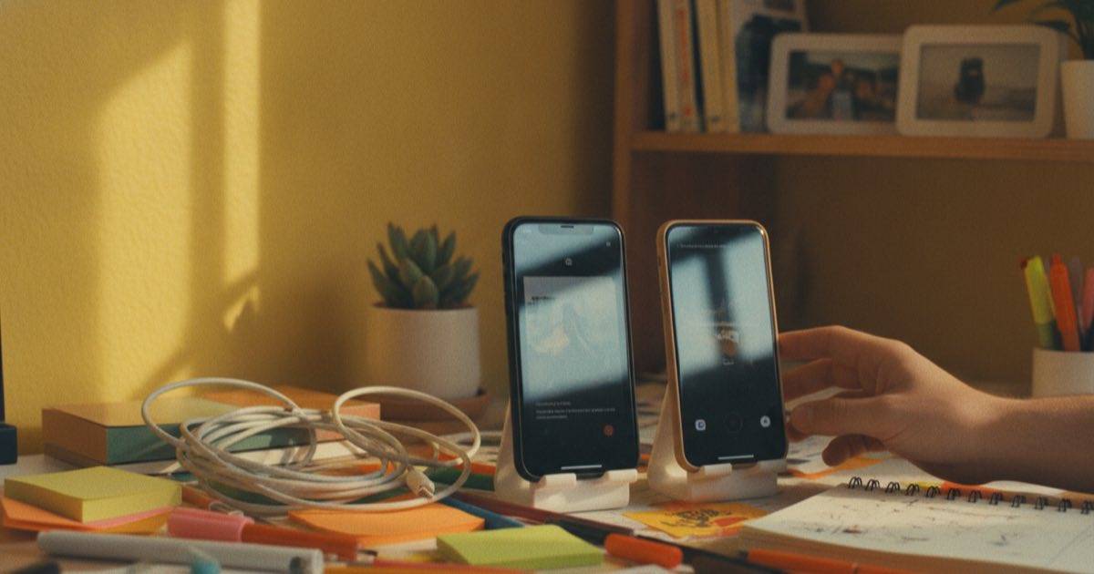 Two phones on a desk showing the same short video being prepared for two platforms