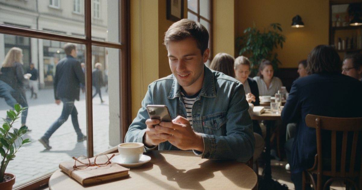 A person checking replies on a phone held upright at a sunny cafe