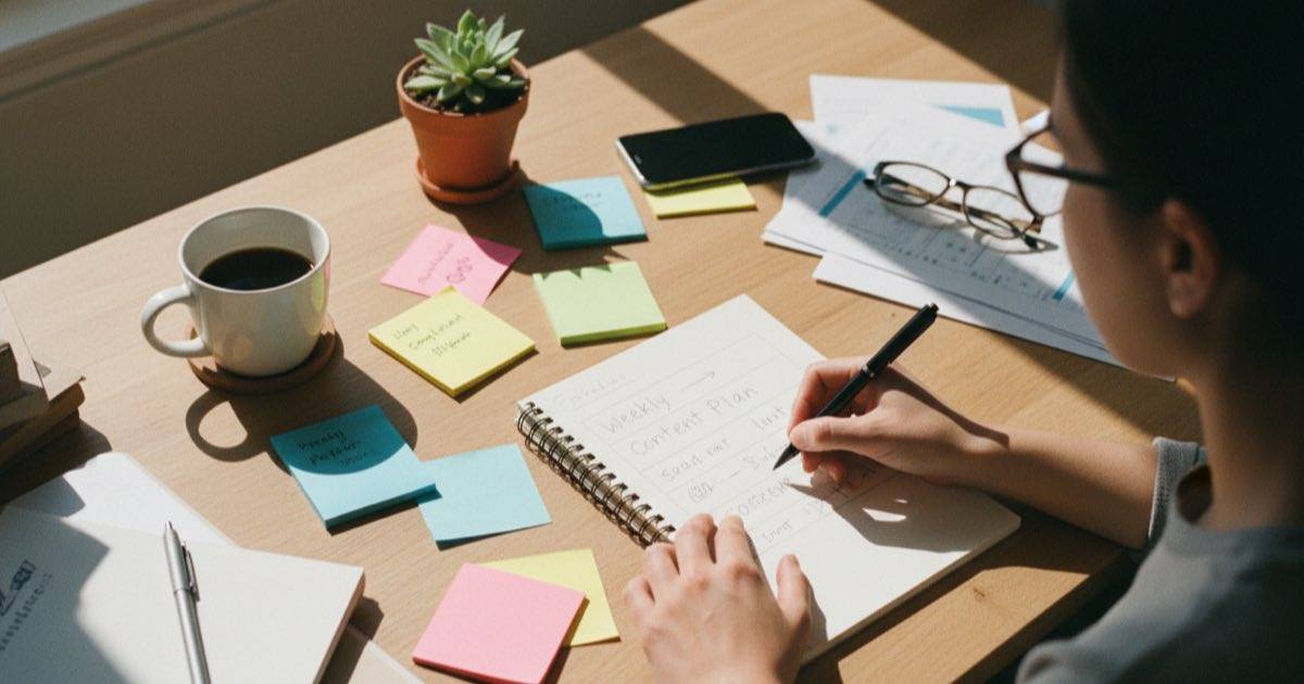 Hands of a person sketching a content plan in a notebook on a bright desk