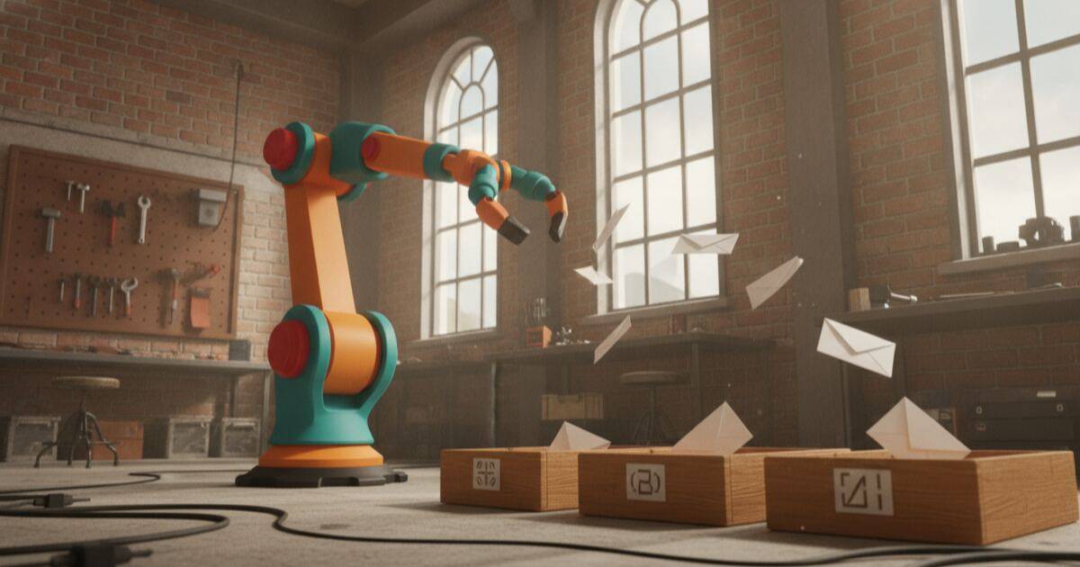 A robotic arm sorting a stream of paper envelopes into labeled trays in a workshop