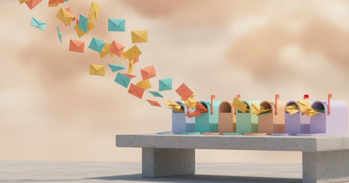 Flowing paper envelopes streaming into stacked open mailboxes