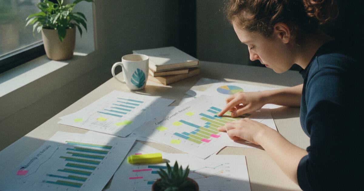 Person reviewing printed charts of audience activity at a desk