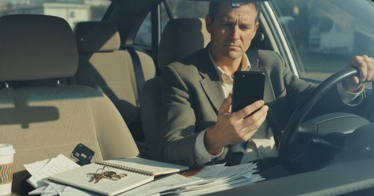 Real estate agent checking property inquiries on a smartphone during a busy day
