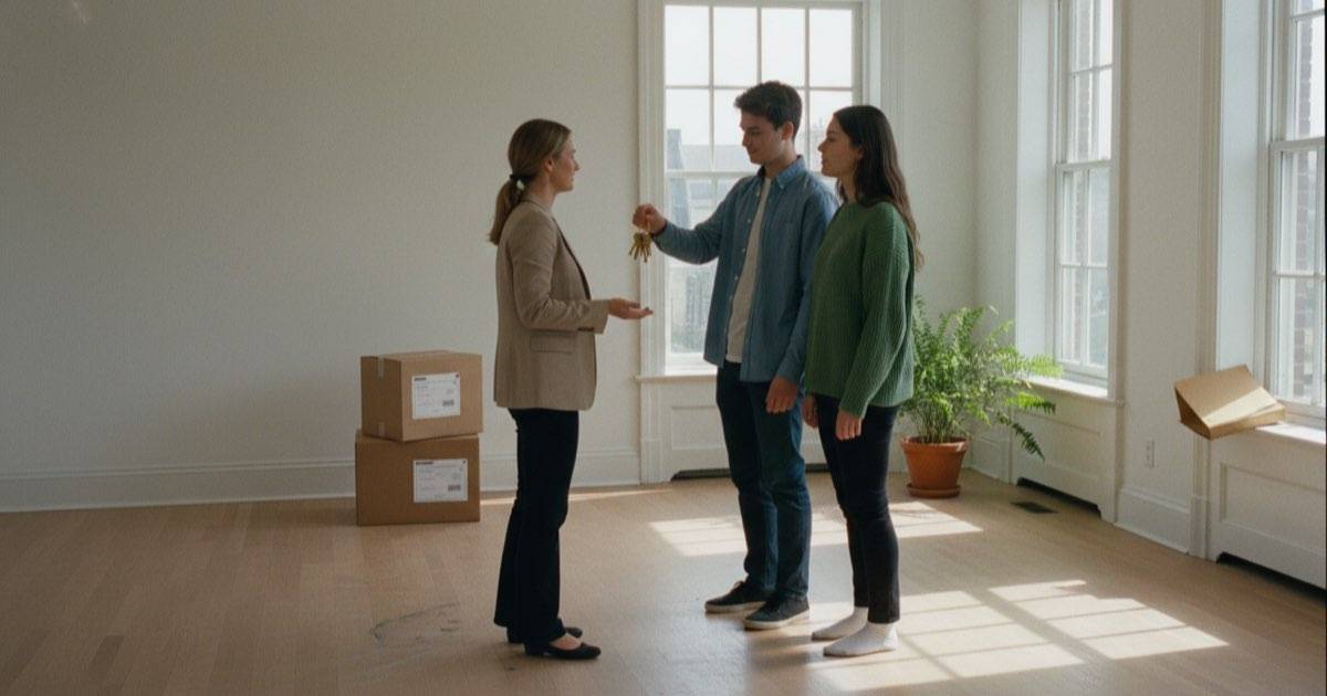 Real estate agent meeting a happy client to hand over keys in a bright modern home