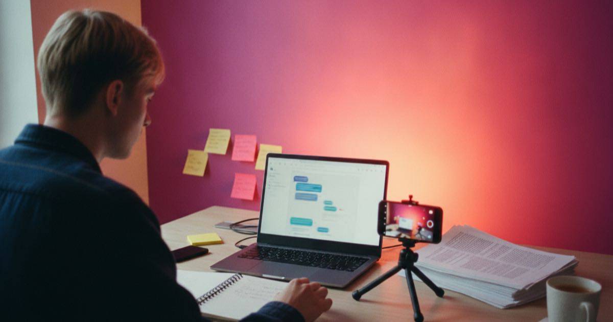 A creator filming a short video of printed AI prompt templates with a phone on a tripod against an Instagram-gradient wall