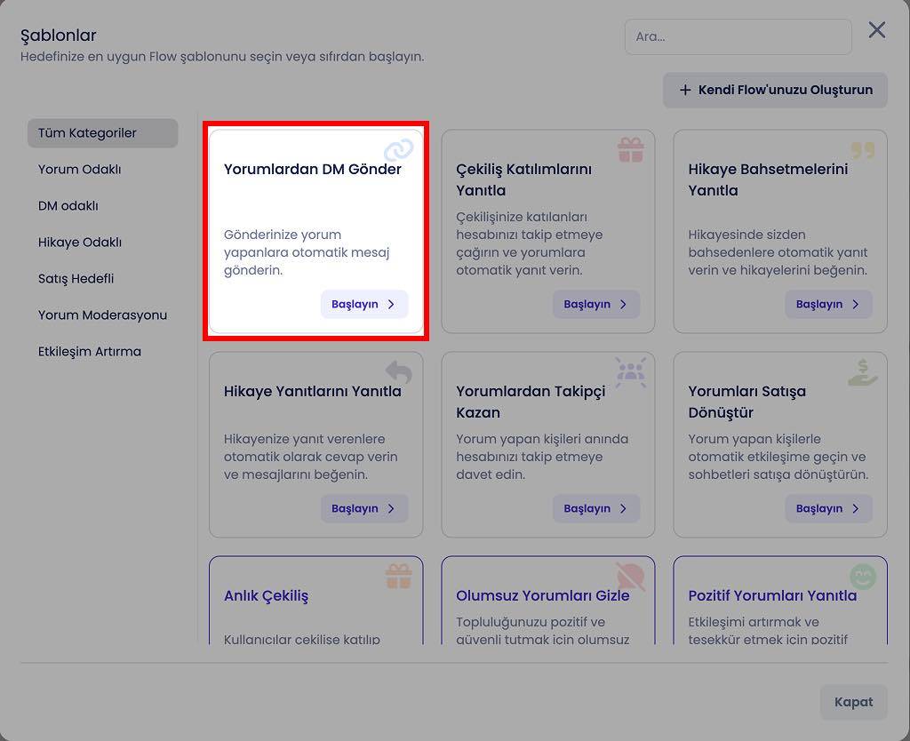 Simpliers CHAT şablon ekranında Yorumlardan DM Gönder şablonunun seçilmesi