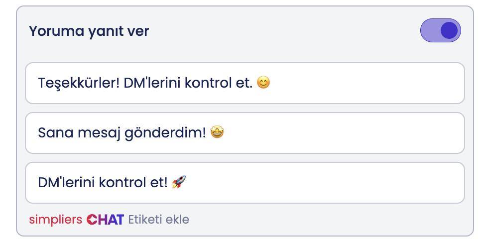 Simpliers CHAT panelinde yoruma yanıt ver ayarı ve hazır yanıt metinleri