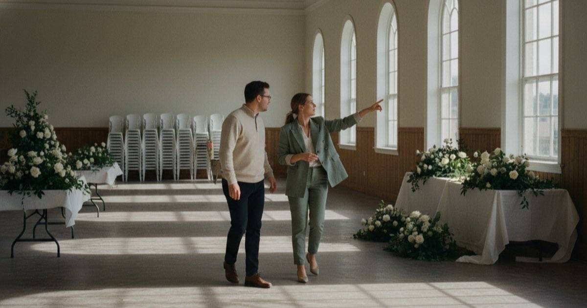 A happy couple touring a wedding venue while talking with an event planner