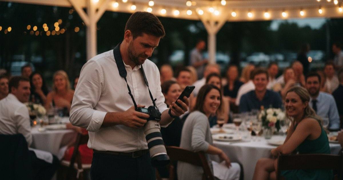 Wedding photographer glancing at incoming messages during an event