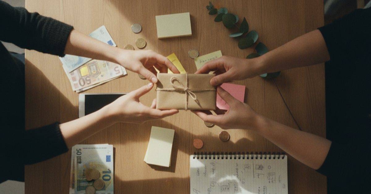 Two people exchanging a product over a desk covered with cash, cards and notes, seen from above
