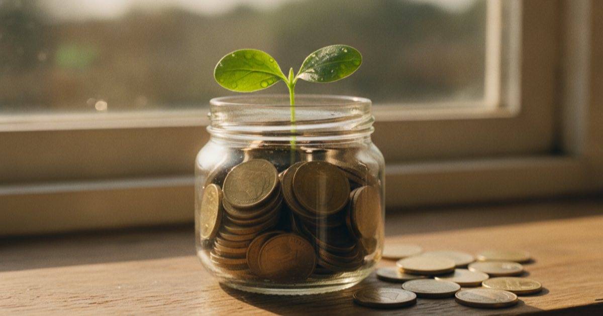 A coin-filled jar with a green seedling sprouting from the top on a sunny windowsill